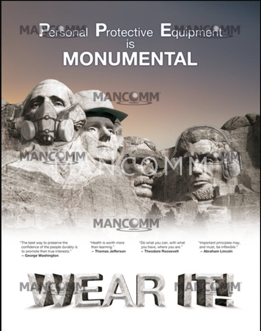Advertisement for Mancomm personal protective equipment with a Mount Rushmore-like design featuring faces wearing respirators.