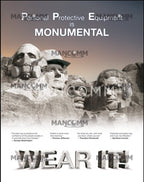 Advertisement for Mancomm personal protective equipment with a Mount Rushmore-like design featuring faces wearing respirators.
