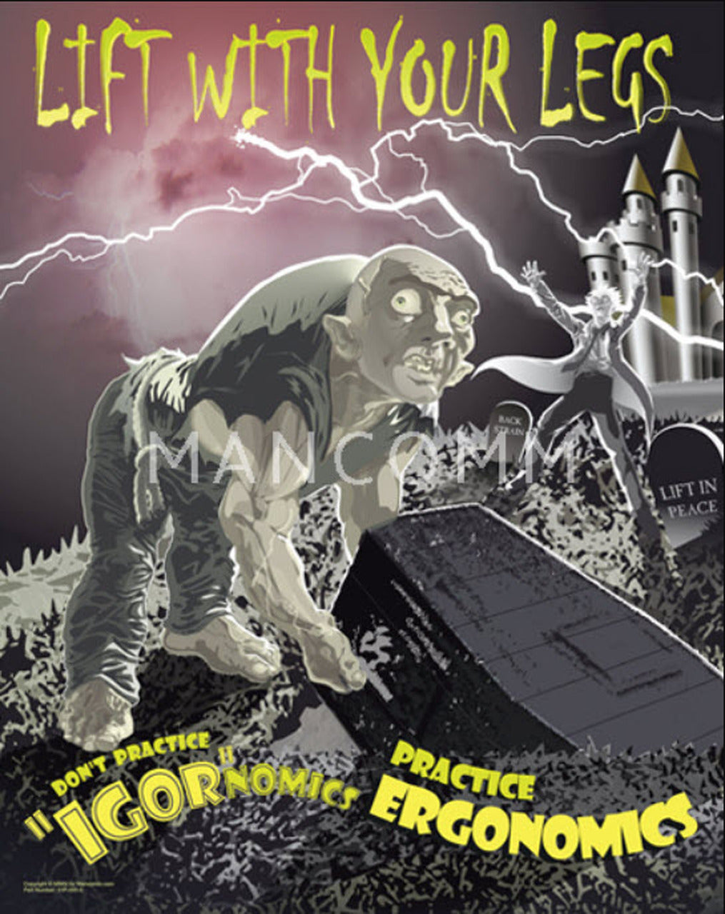 Vintage-style poster with a creature and text about ergonomic practices