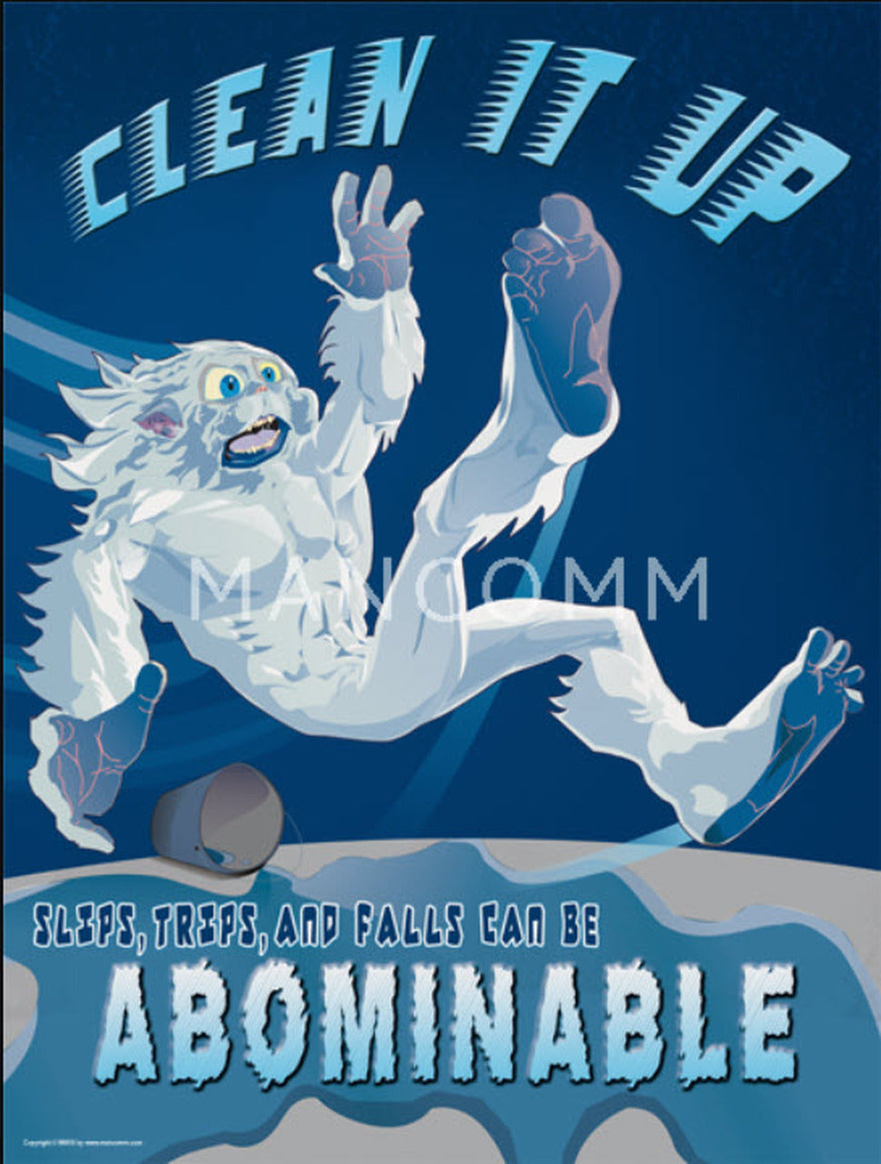 Illustration of an abominable snowman with text about cleanliness on a blue background