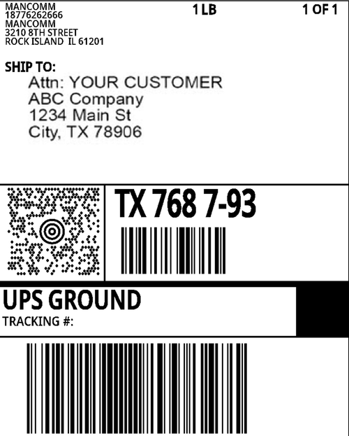A shipping label for a product with the address and company information, indicating it is sent to a customer in Rock Island, TX 768-989, and that it is shipped via UPS Ground.