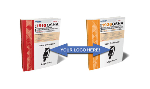 Two books with custom covers, one in red and one in orange, both featuring a placeholder for a company logo and the text '1910 OSHA' on the spines.