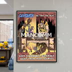 Cartoon-style safety poster on a wall with text 'Cavemen can take the heat' and 'Mancomm' branding.