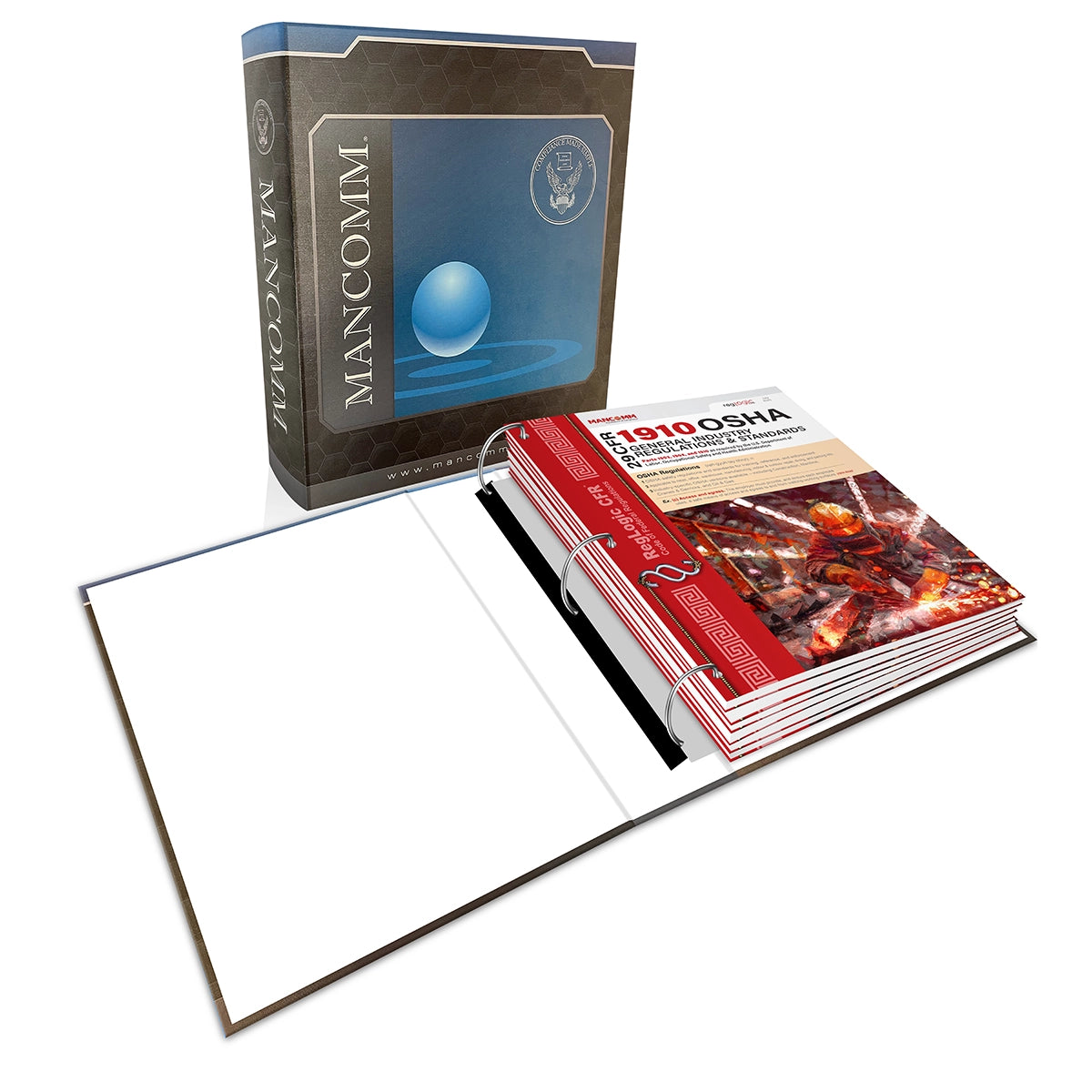Mancomm 3-ring binder and book pages titled '29 CFR 1910 OSHA General Industry Regulations & Standards' on a white background.