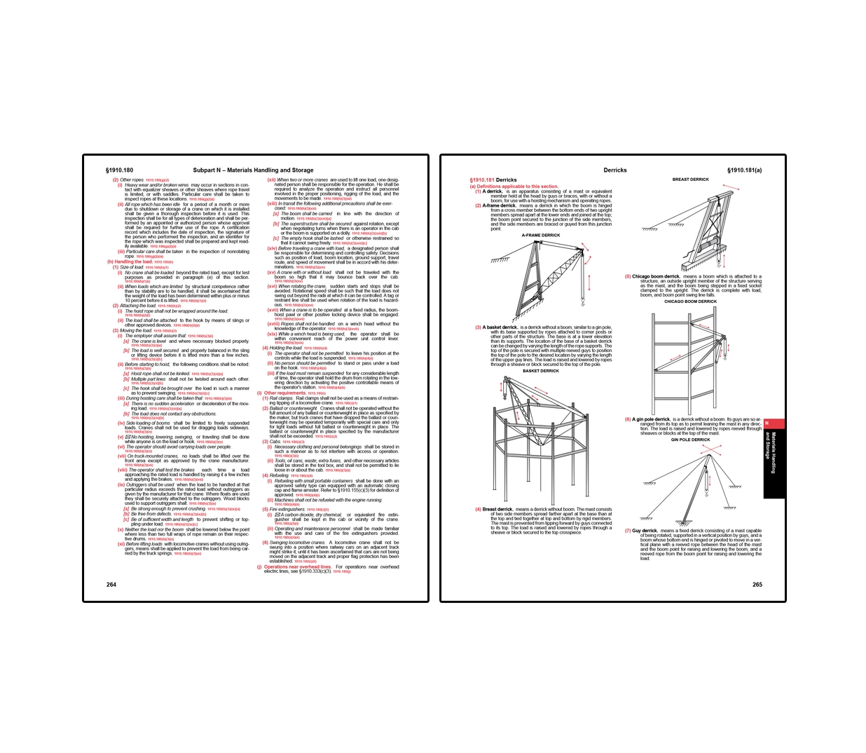 Two-page OSHA spread on materials handling and derrick operations featuring safety requirements for hoisting and rigging, along with diagrams illustrating different types of derricks including A-frame, basket, breast, Chicago boom, and gin pole configurations.