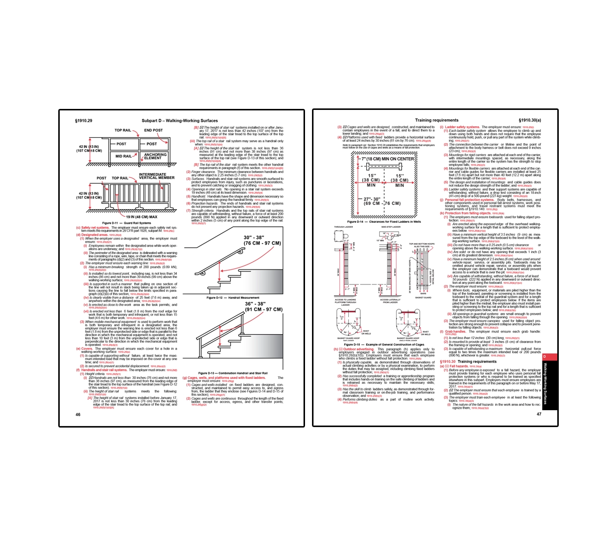 Two-page OSHA spread on walking-working surfaces featuring requirements for guardrail systems, handrails, and stair rail measurements, along with diagrams and guidelines for ladder clearances, cage systems, and employee training requirements for safe use of equipment.