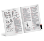 Open book with technical diagrams and text on a white background