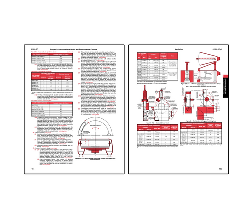 Technical OSHA diagrams illustrating ventilation systems for grinding and polishing operations, including exhaust enclosure setups, hood designs, airflow tables, and labeled mechanical components.