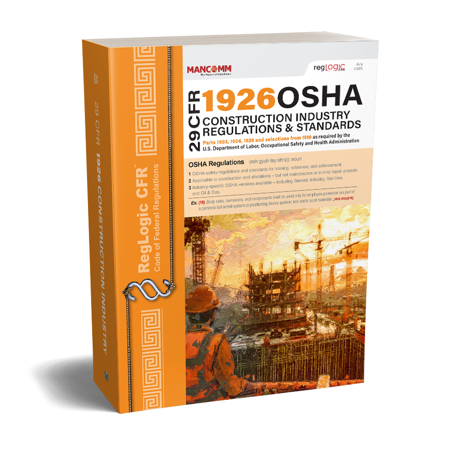 Perfect-bound book titled 'OSHA 1926 Construction Industry Regulations & Standards' on a white background