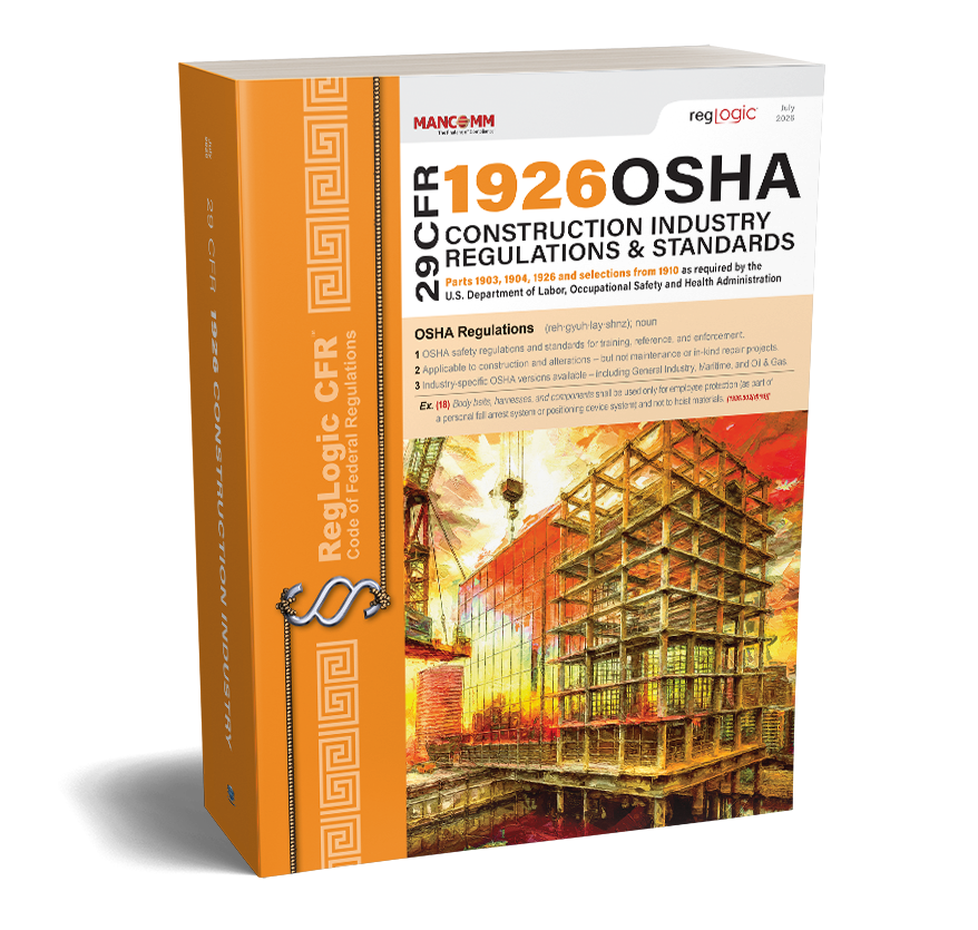 Perfect-bound book titled '29 CFR 1926 OSHA Construction Industry Regulations & Standards' on a white background.