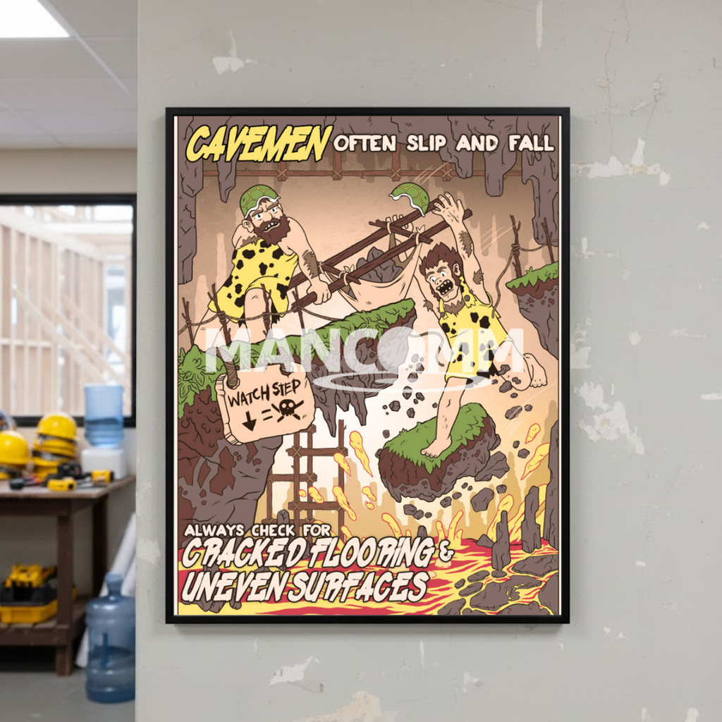 Framed cartoon poster of cavemen slipping on a wet floor with safety message.
