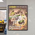 Framed cartoon poster of cavemen slipping on a wet floor with safety message.