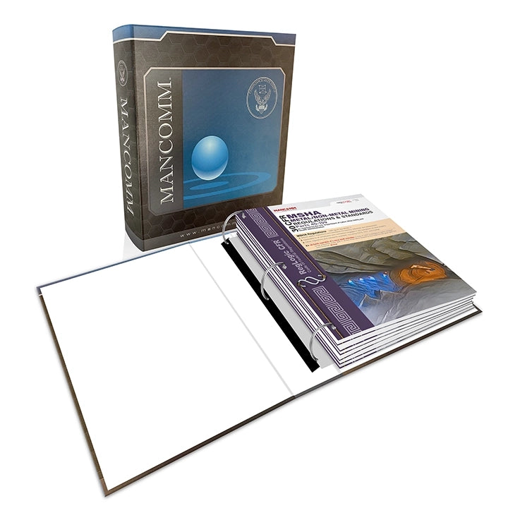 Mancomm 3-ring binder and book pages titled 'MSHA Metal/Non-Metal Mining Regulations & Standards' on a white background.