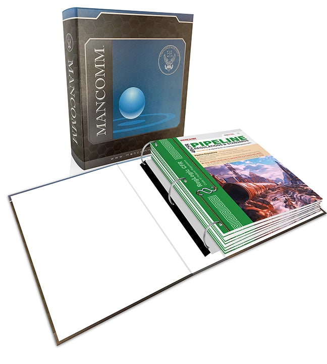 Mancomm branded product with a cover and open pages showing colorful design