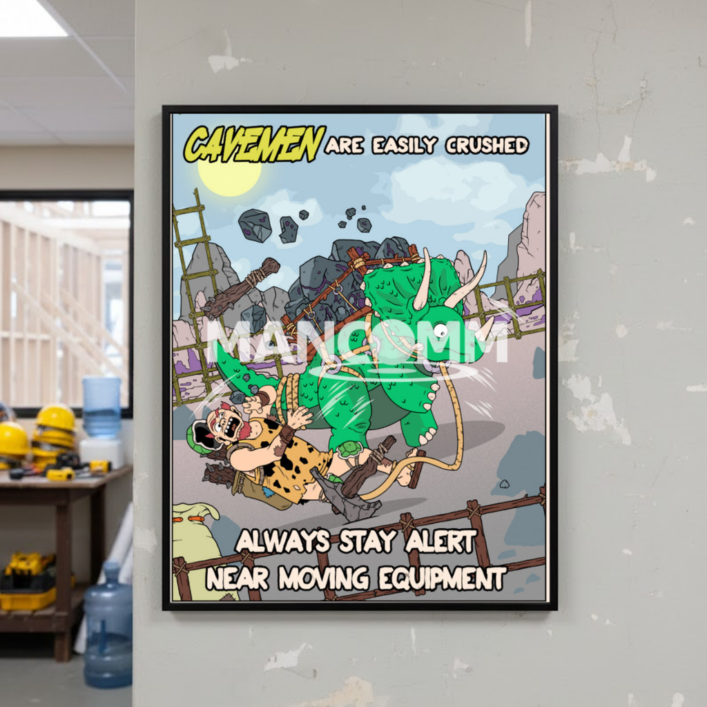 Cartoon poster with a humorous message about staying alert near moving equipment, displayed in an office setting.
