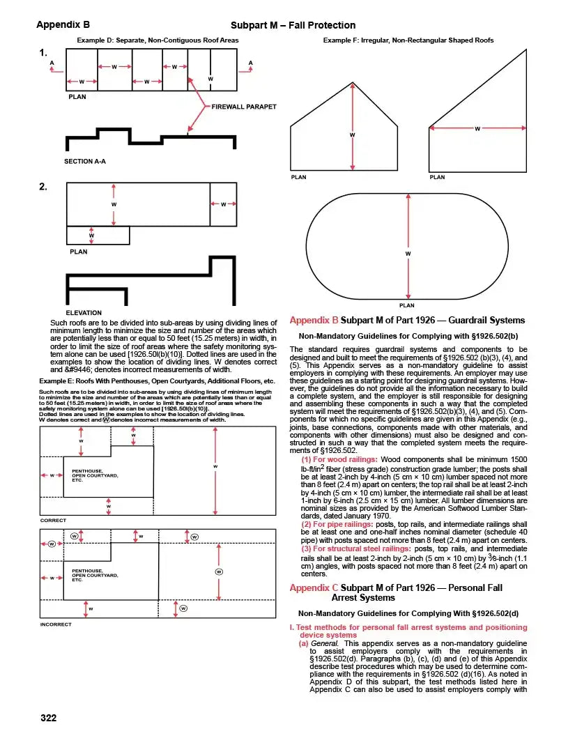 Technical drawings and diagrams related to fall protection systems on a page from a technical manual.