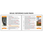 Reference guide pages for OSHA Segues Construction showing snap hook connection safety rules and caught between and struck by hazard guidance on the left alongside jobsite signage, scaffold safety requirements, and hazard awareness practices on the right with safety stop scenarios illustrating real world risks.