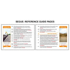 Reference guide pages for OSHA Segues Construction highlighting suspended load hazards, excavation safety, and trench protection practices on the left alongside electrical hazard guidelines, grounding requirements, and safe equipment use on the right with safety stop scenarios reinforcing hazard recognition.