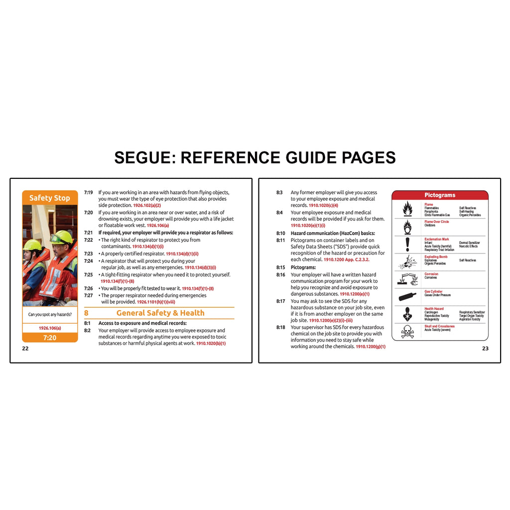 Reference guide pages for OSHA Segues Construction focusing on personal protective equipment, including eye protection, life jackets, and respirator requirements on the left, alongside general safety and health topics such as access to exposure records, hazard communication basics, and pictogram identification on the right with safety stop scenarios reinforcing hazard awareness.