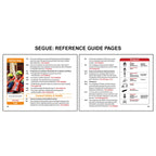 Reference guide pages for OSHA Segues Construction focusing on personal protective equipment, including eye protection, life jackets, and respirator requirements on the left, alongside general safety and health topics such as access to exposure records, hazard communication basics, and pictogram identification on the right with safety stop scenarios reinforcing hazard awareness.