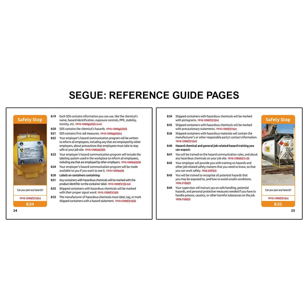 Reference guide pages for OSHA Segues Construction detailing hazard communication requirements including safety data sheets, chemical labeling, and container marking standards on the left, alongside guidance on hazardous material shipping labels, pictograms, and employee training on handling and exposure risks on the right with safety stop scenarios reinforcing hazard recognition.