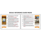 Reference guide pages for OSHA Segues Construction detailing hazard communication requirements including safety data sheets, chemical labeling, and container marking standards on the left, alongside guidance on hazardous material shipping labels, pictograms, and employee training on handling and exposure risks on the right with safety stop scenarios reinforcing hazard recognition.