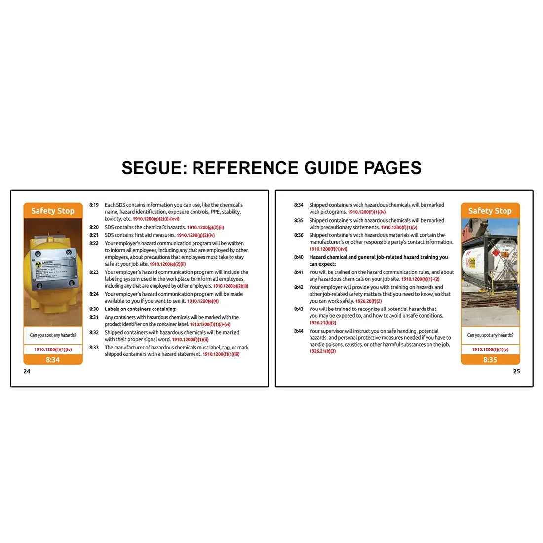 Reference guide pages for OSHA Segues Construction detailing hazard communication requirements including safety data sheets, chemical labeling, and container marking standards on the left, alongside guidance on hazardous material shipping labels, pictograms, and employee training on handling and exposure risks on the right with safety stop scenarios reinforcing hazard recognition.
