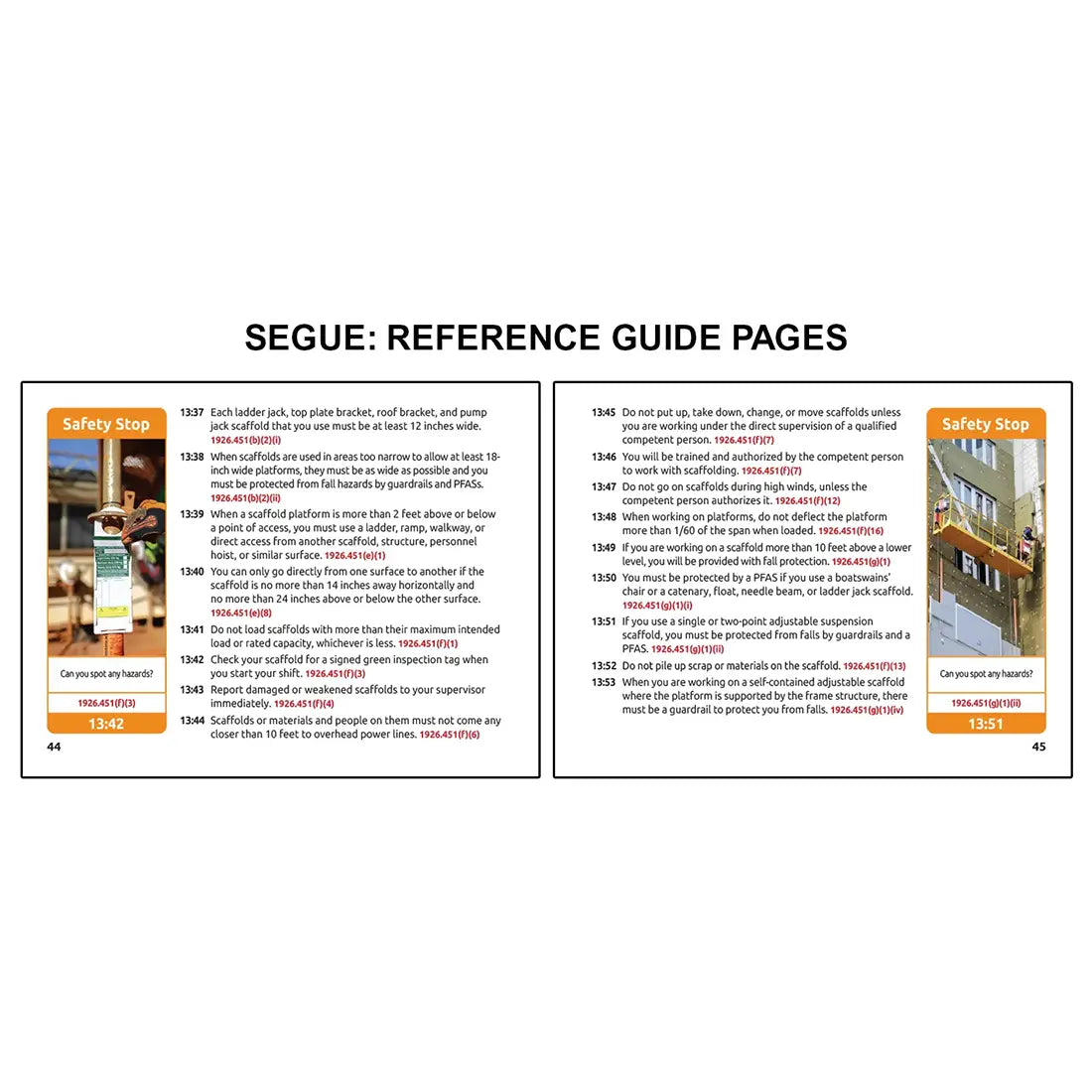 Reference guide pages for OSHA Segues Construction covering scaffold safety requirements including platform setup, load limits, access points, and inspection practices on the left, alongside detailed fall protection rules, guardrail use, and safe work procedures for elevated platforms on the right with safety stop scenarios reinforcing hazard awareness.
