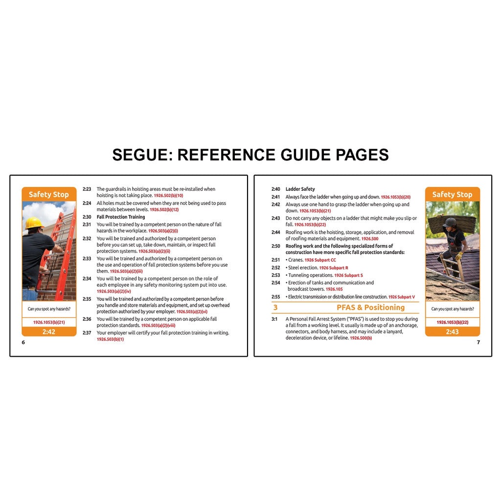 Reference guide pages for OSHA Segues Construction showing fall protection training requirements and ladder safety guidelines with safety stop scenarios featuring workers on ladders and roofing tasks, alongside detailed OSHA standards covering fall hazards, ladder use, and personal fall arrest systems.