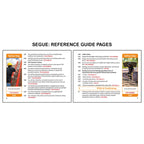 Reference guide pages for OSHA Segues Construction showing fall protection training requirements and ladder safety guidelines with safety stop scenarios featuring workers on ladders and roofing tasks, alongside detailed OSHA standards covering fall hazards, ladder use, and personal fall arrest systems.