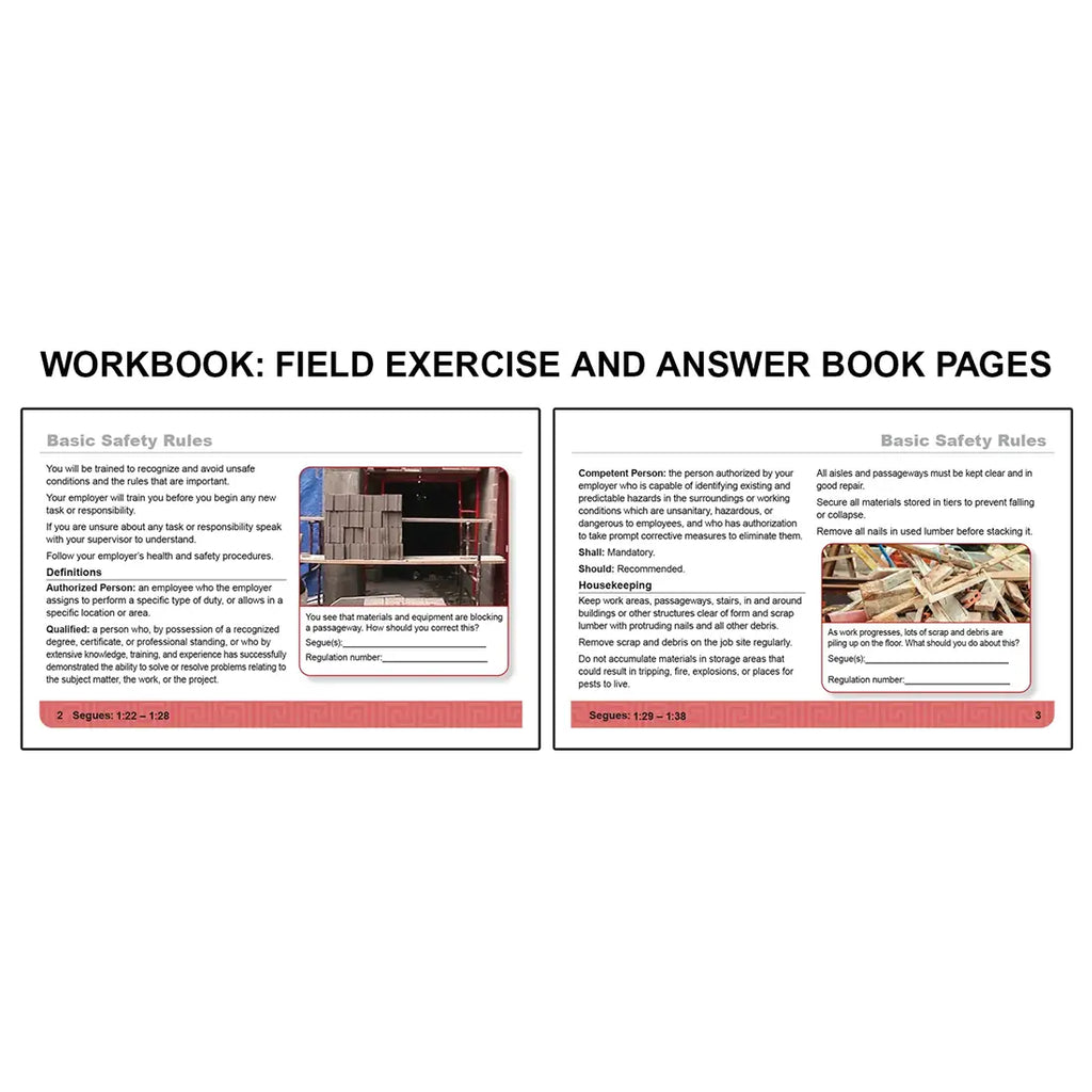 Workbook field exercise and answer book pages for OSHA Construction covering basic safety rules, employee responsibilities, and key definitions on the left, alongside housekeeping practices such as maintaining clear walkways, proper material storage, and debris removal on the right with scenario-based prompts for applying safety regulations.