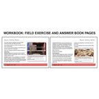 Workbook field exercise and answer book pages for OSHA Construction covering basic safety rules, employee responsibilities, and key definitions on the left, alongside housekeeping practices such as maintaining clear walkways, proper material storage, and debris removal on the right with scenario-based prompts for applying safety regulations.