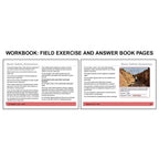 Workbook field exercise book with instructor's answers for OSHA Construction focusing on basic safety awareness in trenching operations, including safe exit distances, soil hazards, protective systems, and reporting unsafe conditions on the left, alongside guidance on suspended load hazards, rigging safety, and overhead protection with a scenario-based question about trench safety on the right.