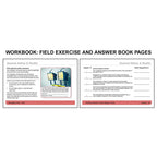 Workbook field exercise and answer book pages for OSHA Construction covering general safety and health topics including proper lighting, noise exposure limits, and safe equipment use on the left, alongside review questions on hazard communication, safety data sheets, and employee rights to exposure records on the right.
