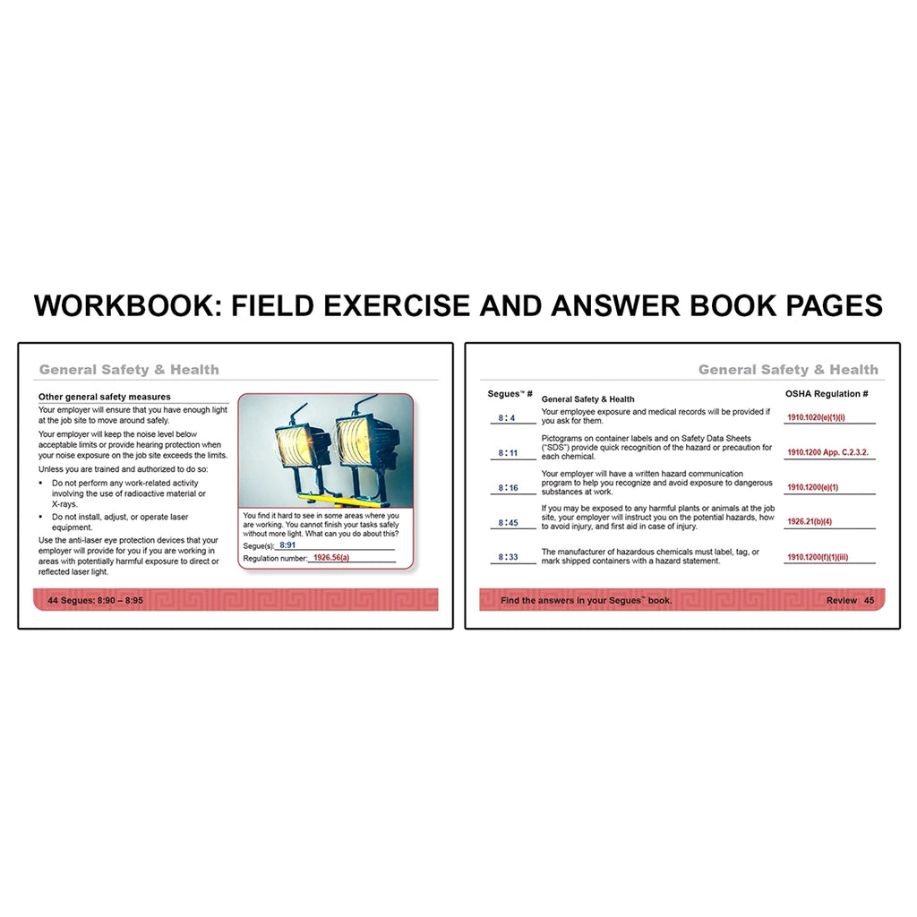 Workbook field exercise book with instructor's answers for OSHA Construction covering general safety and health topics including proper lighting, noise exposure limits, and safe equipment use on the left, alongside review questions on hazard communication, safety data sheets, and employee rights to exposure records on the right.