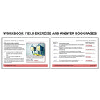 Workbook field exercise book with instructor's answers for OSHA Construction covering general safety and health topics including proper lighting, noise exposure limits, and safe equipment use on the left, alongside review questions on hazard communication, safety data sheets, and employee rights to exposure records on the right.