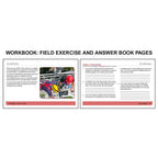Workbook field exercise and answer book pages for OSHA Construction focusing on scaffold safety, including proper use of fall protection systems, attachment points, and platform requirements on the left, alongside case study questions prompting learners to address scaffold load limits, access issues, guardrail installation, and proximity to power lines on the right.
