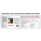 Workbook field exercise and answer book pages for OSHA Construction featuring an about the cover section with artwork description and company information on the left, alongside an overview of the HEART training program and a table of contents outlining key safety topics such as fall protection, electrical hazards, PPE, and scaffolding on the right.