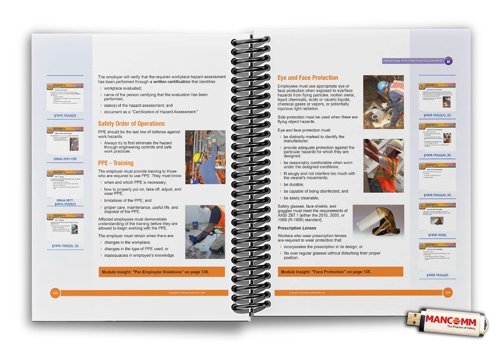 Open book with spiral binding and a USB drive labeled 'MANCOM' on a white background