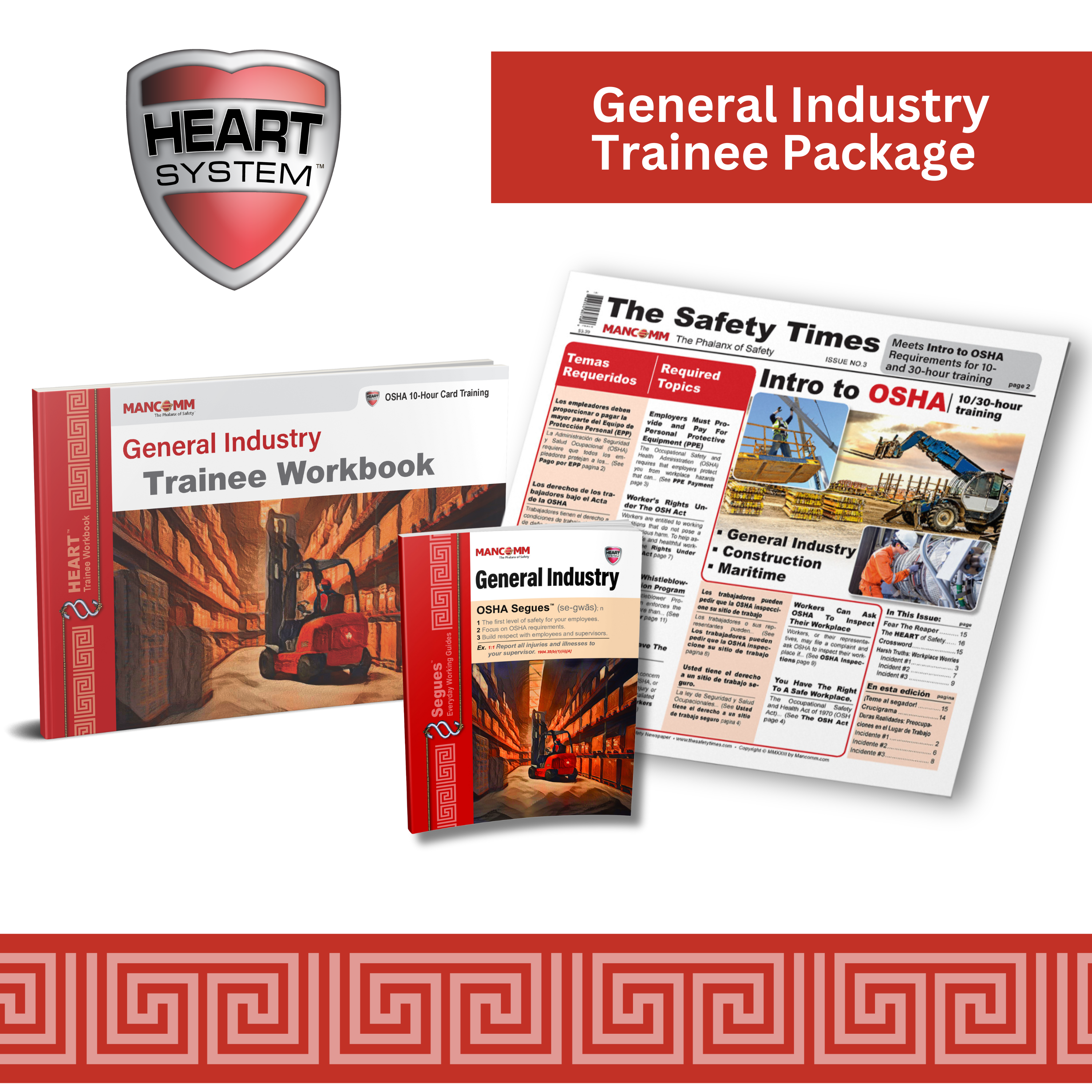 The image shows the contents of the HEART General Industry Trainee Package which includes a workbook, OSHA Segue, and Safety Times Newspaper.