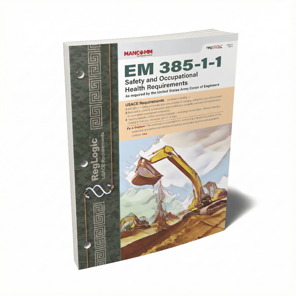 Book titled 'EM 385-1-1 Safety and Occupational Health Requirements' with a cover featuring an excavator and text.