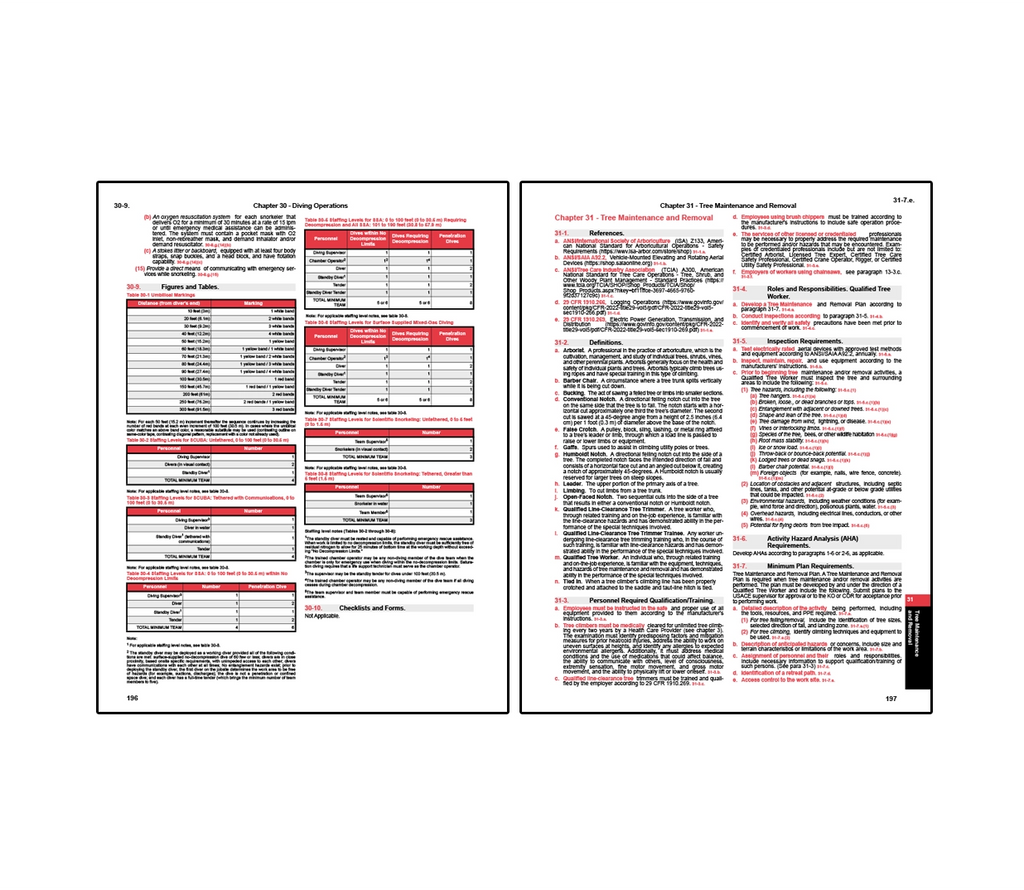 Two-page spread from a safety manual covering diving operations and tree maintenance, with the left page presenting tables and requirements for diving personnel, decompression limits, and equipment, while the right page outlines standards for tree maintenance and removal including roles, inspection requirements, training, and hazard analysis procedures.