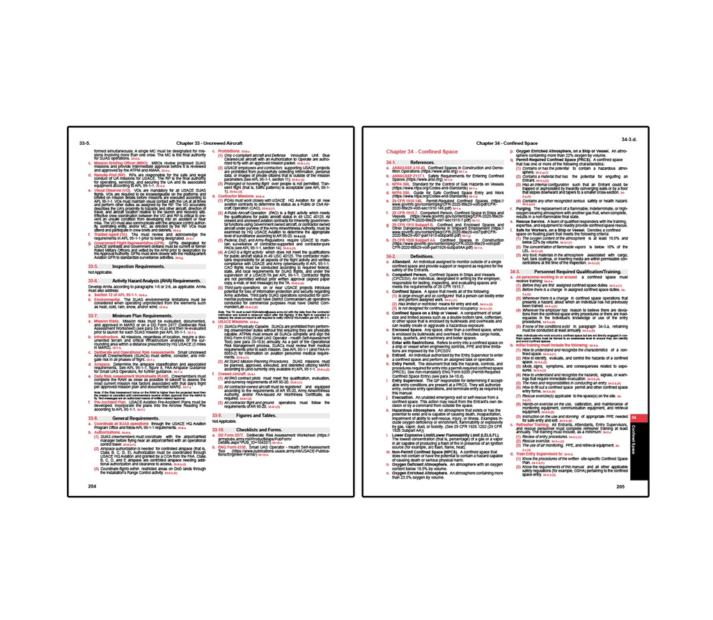 Two-page spread from EM 385 safety manual showing Chapter 33 on uncrewed aircraft with requirements for drone operation, including prohibitions, training, mission planning, and coordination, alongside Chapter 34 on confined space safety outlining definitions, entry procedures, hazard controls, rescue requirements, and personnel training standards.