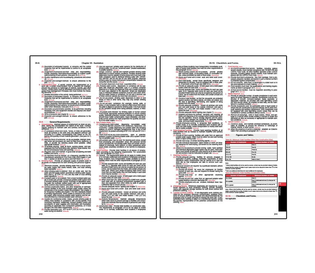 Two-page spread from EM 385 safety manual showing Chapter 35 on sanitation, detailing requirements for housekeeping, waste disposal, potable water, toilets, handwashing, and hygiene practices, alongside checklists and tables specifying minimum sanitation facilities based on workforce size.