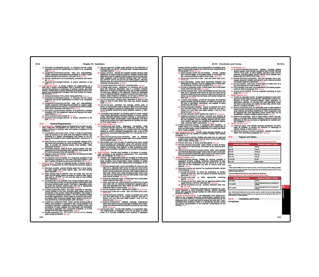 Two-page spread from EM 385 safety manual showing Chapter 35 on sanitation, detailing requirements for housekeeping, waste disposal, potable water, toilets, handwashing, and hygiene practices, alongside checklists and tables specifying minimum sanitation facilities based on workforce size.