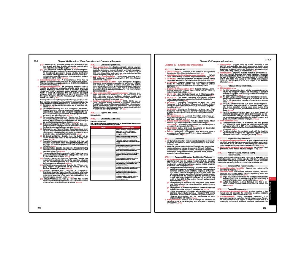 Two-page spread from EM 385 safety manual showing Chapter 36 on hazardous waste operations and emergency response with requirements for spill control, emergency planning, training, and decontamination, alongside Chapter 37 on emergency operations covering roles and responsibilities, medical and rescue requirements, communication procedures, and activity hazard analysis.