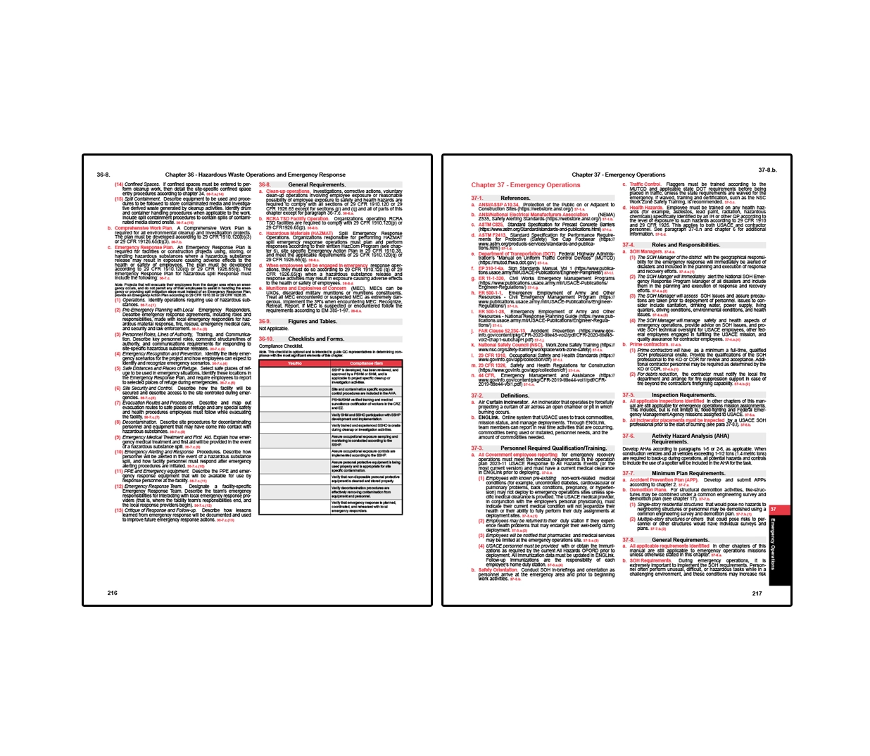 Two-page spread from EM 385 safety manual showing Chapter 36 on hazardous waste operations and emergency response with requirements for spill control, emergency planning, training, and decontamination, alongside Chapter 37 on emergency operations covering roles and responsibilities, medical and rescue requirements, communication procedures, and activity hazard analysis.