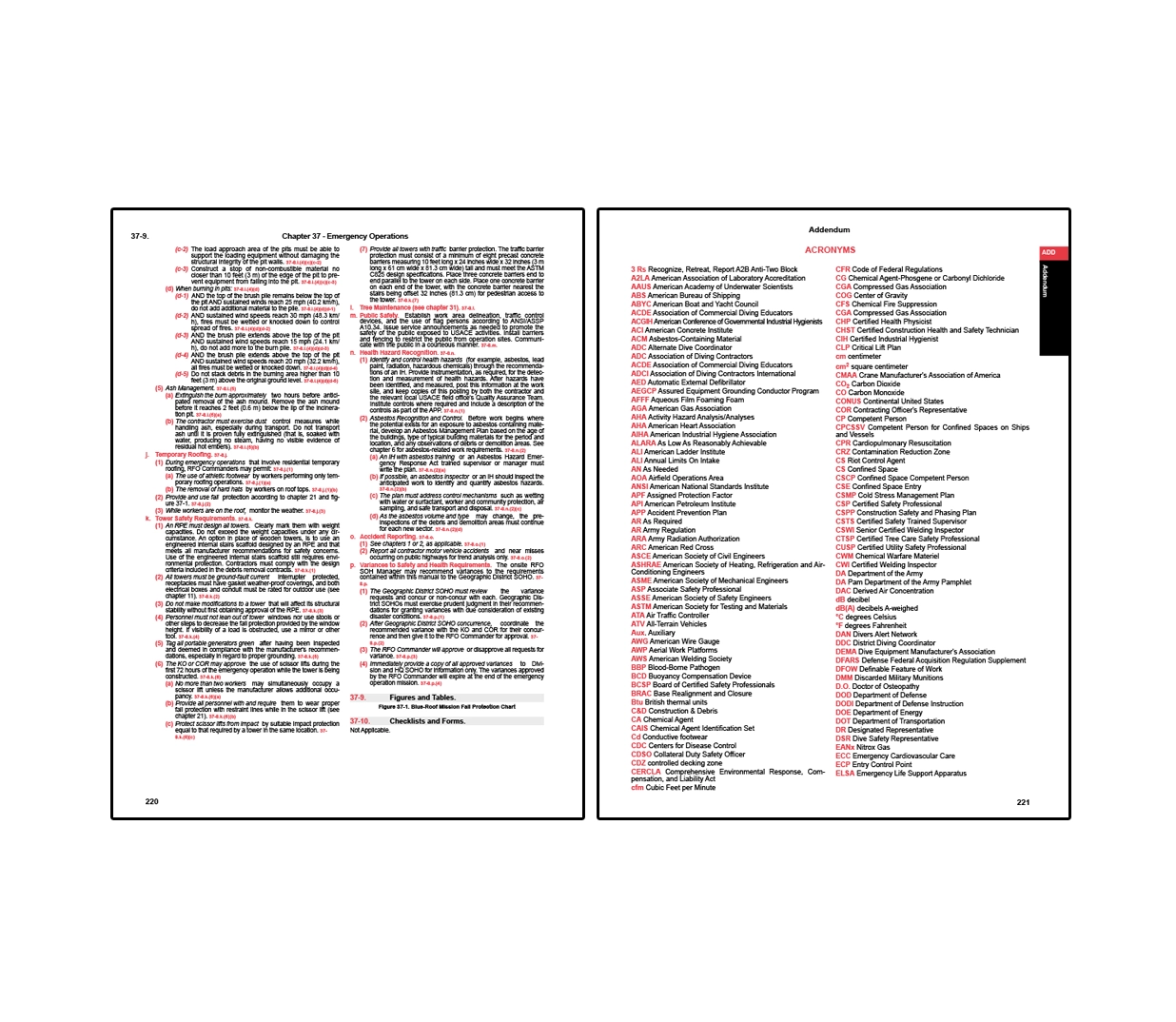 Two-page spread from EM 385 safety manual showing continued Chapter 37 on emergency operations with detailed requirements for equipment use, structural work, and weather-related precautions, alongside an addendum listing acronyms and abbreviations commonly used throughout the manual.