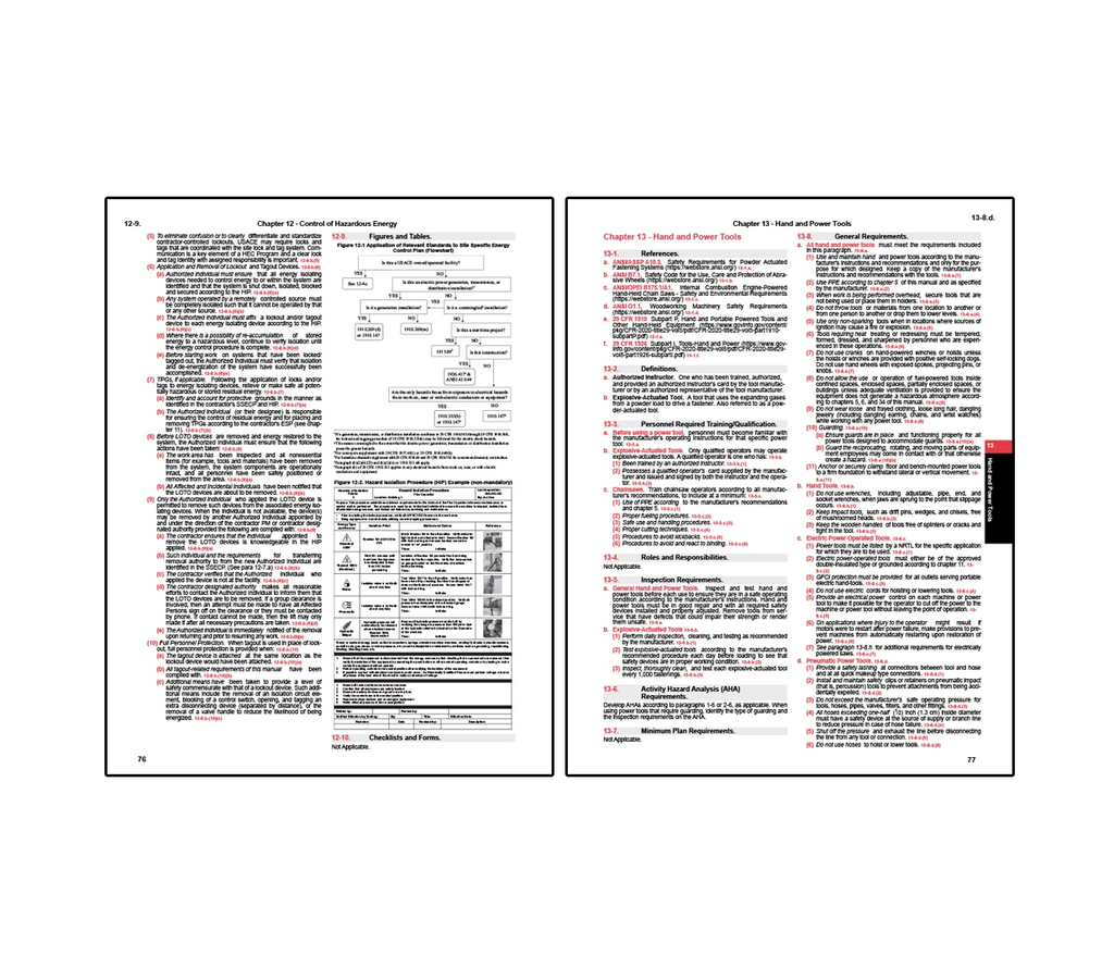 Two-page spread from EM 385 safety manual showing Chapter 12 on control of hazardous energy with procedures for lockout and tagout, isolation methods, and verification steps, alongside Chapter 13 on hand and power tools outlining safety requirements, inspection practices, training, and proper use of tools and equipment.