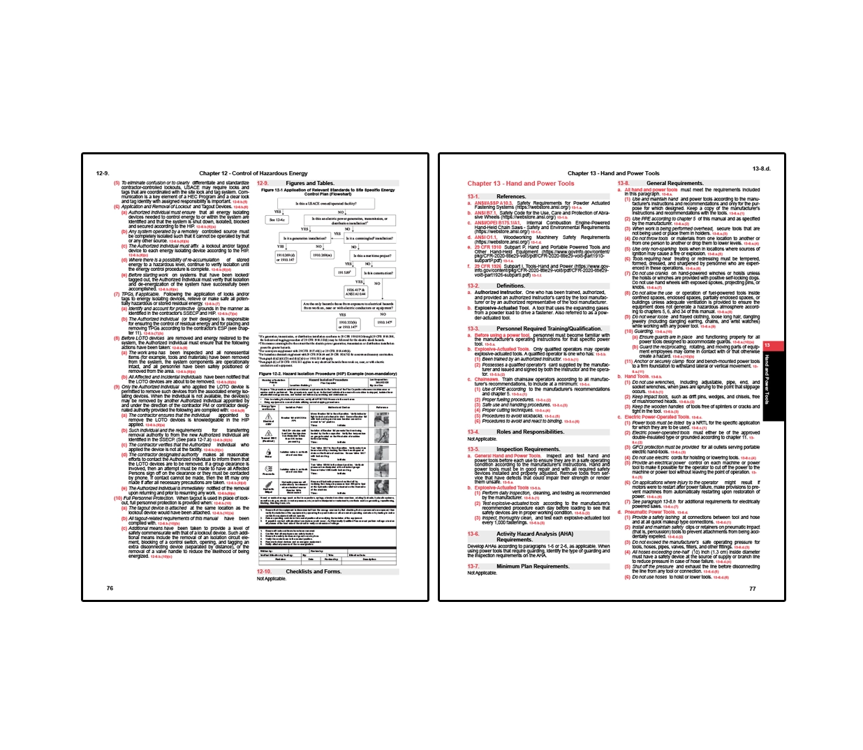 Two-page spread from EM 385 safety manual showing Chapter 12 on control of hazardous energy with procedures for lockout and tagout, isolation methods, and verification steps, alongside Chapter 13 on hand and power tools outlining safety requirements, inspection practices, training, and proper use of tools and equipment.